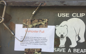 dumpster with sign that it is full