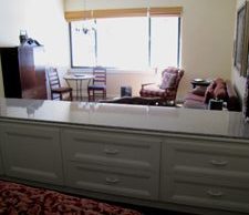 long counter and living room furnishings