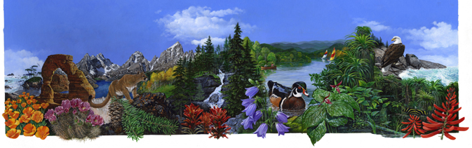 drawing of mountains, lakes, birds, flora and fauna