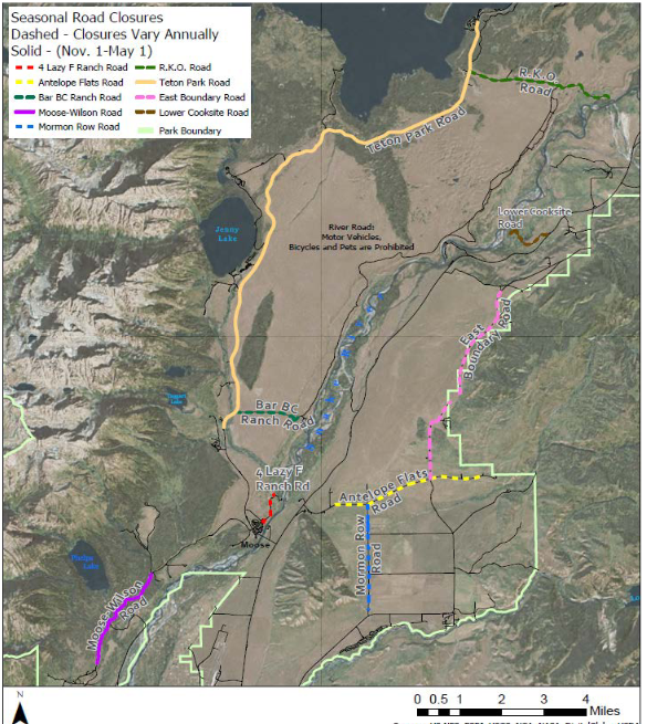 NPS Map Grand Teton National Park Seasonal Road Closures  