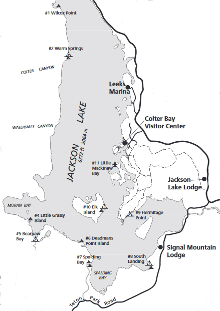 map of Jackson Lake with boat-in campsites marked