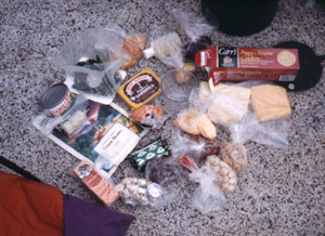 packages of food on a granite rock next to a food storage container