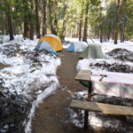 space cleared in snow with tents pitched
