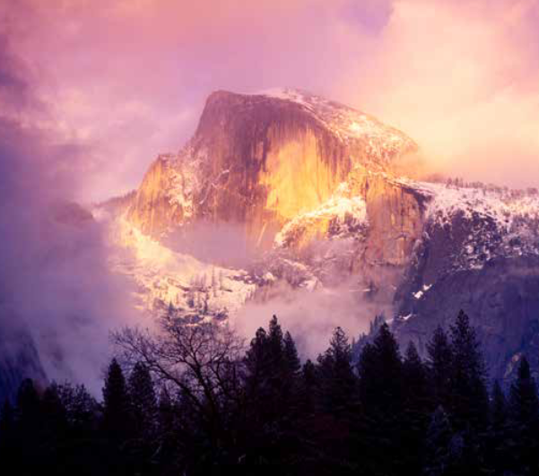 Half Dome with gold and pink light