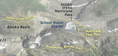 glacier and trails on map