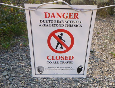 sign says danger, due to bear activity, area beyond this sign closed