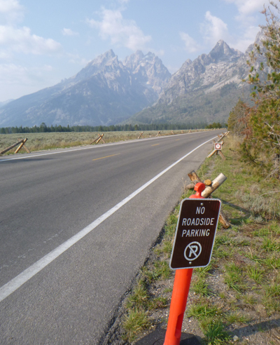 sign at edge of road says no roadside parking