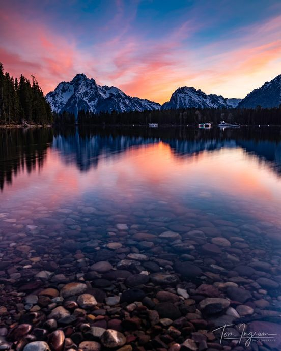 lake and mountains at sunset