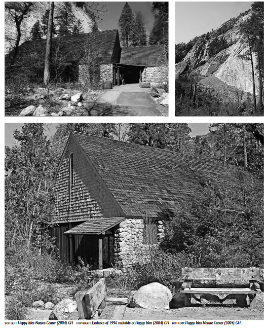 3 photos including building and large rockslide