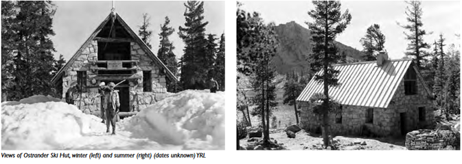 building in winter with snow and in summer