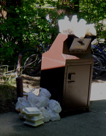 trash bin with bags piled on top and beside it