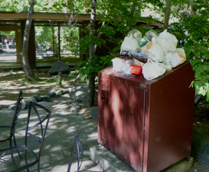 trash bin with bags piled on top