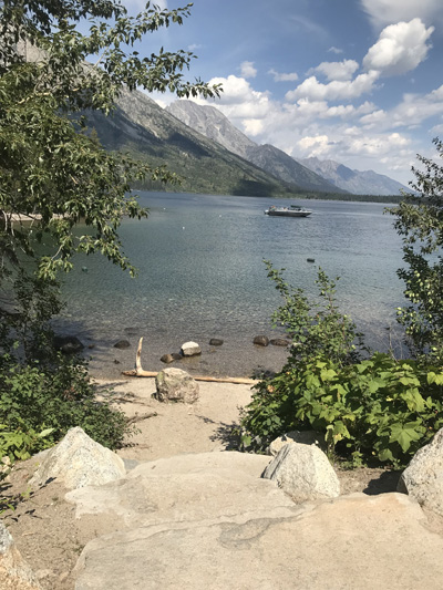 staircase from Jenny Lake paved trail to beach near boat dock