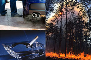 lit cigarette, tailpipe, forest fire