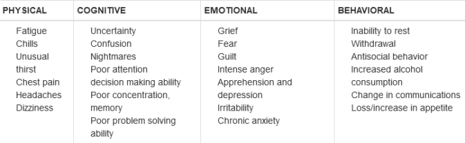 PHYSICAL COGNITIVE EMOTIONAL BEHAVIORAL signs of critical incident stress