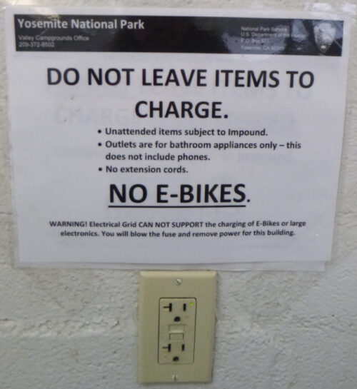 sign in restroom says do not leave items to charge no e-bikes