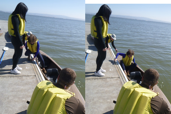 side by side pictures of woman climbing into a kayak