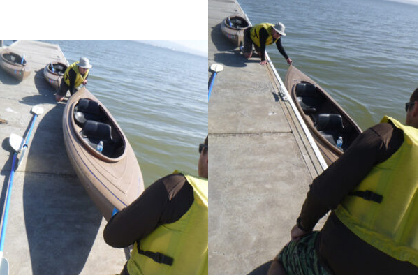 two photos side by side of two people lifting a kayak in to water