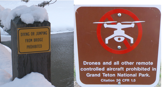 two signs about diving from bridge and drones prohibited