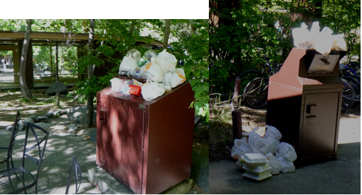 trash bins with trash on top and on ground next to them