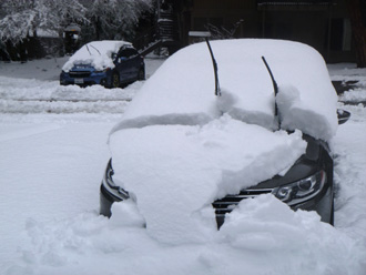 2 cars with snow covered windshields and wiper blades sticking up