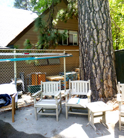 pool deck and storage with building behind