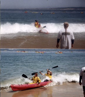 people in kayaks in ocean waves