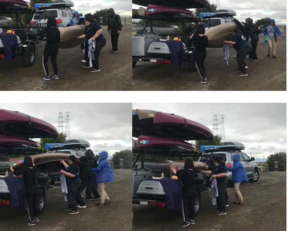 four photos of people lifting up a kayak on to a trailer