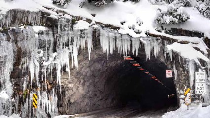 icicles on tunnel entrance with Do Not Pass sign