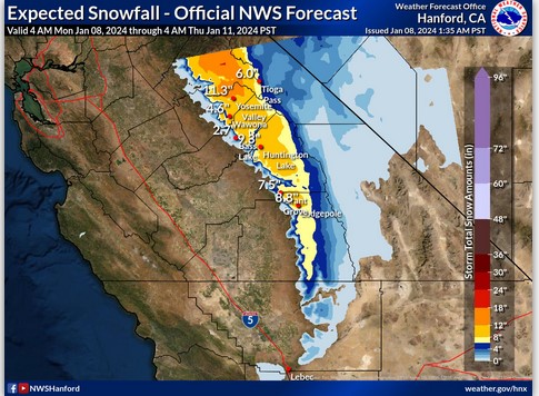 sample map of expected snowfall in California