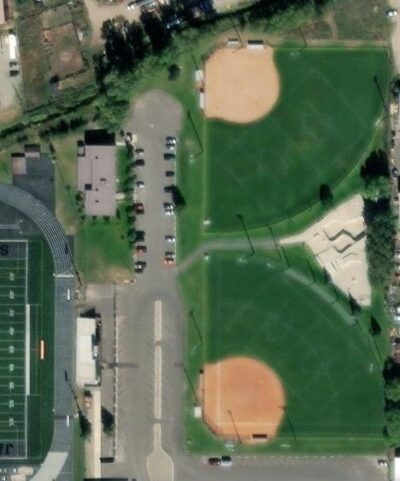 aerial photo of softball fields and skate park