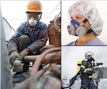 3 photos of people wearing respirators