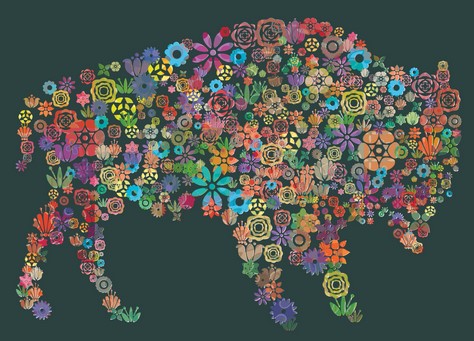 Silhouette of a bison comprised of flowers of different shapes, colors, and sizes