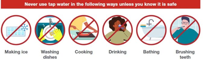 drawings of ways you should not use unsafe water includes cooking, drinking, making ice, washing dishes, bathing, brushing teeth