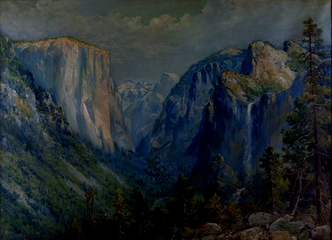 painting of waterfall and mountains