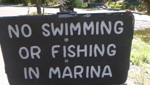 sign says no swimming or fishing in marina