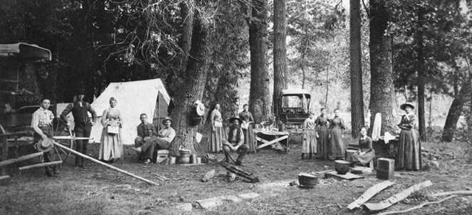 camping with women all in dresses with long skirts