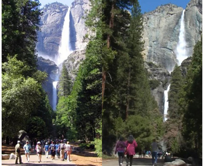 side by side photos of people on trail with waterfall beyond