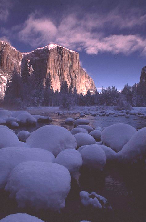 El Capitan with river snow in foreground