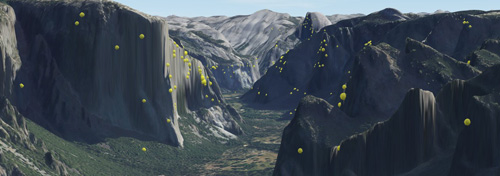 Yosemite valley with dots showing rockfalls