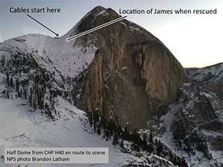 Half Dome with arrows pointing to where a person was rescued