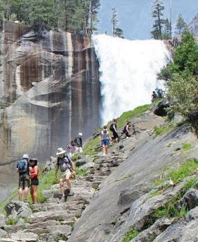 people on stone stairs with waterfall behind them