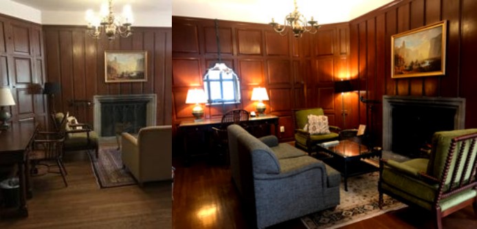 2 photos of fireplace and couches