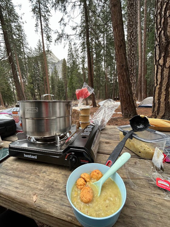 picnic table with stove and food