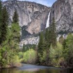 river in foreground, cliff and waterfall behind