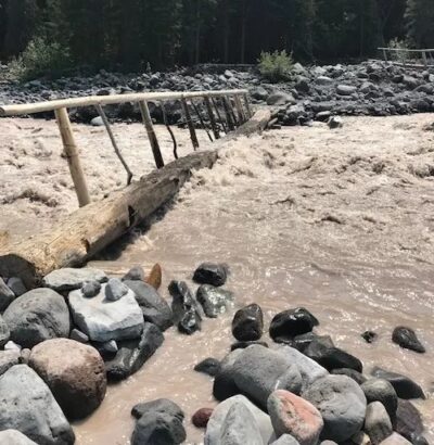 log bridge with handrail overswept by river water