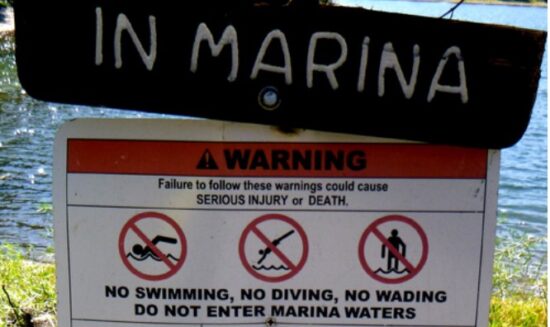 sign says no swimming, no diving, no wading. Do not enter marina waters.