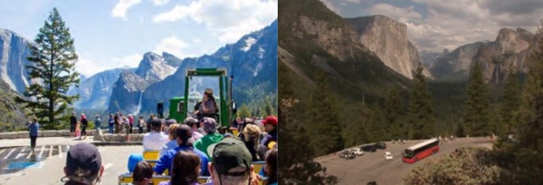 photos of parking lot with a large bus parked in each photo