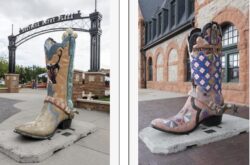 side by side photos of boot sculptures