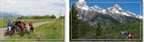 side by side photos of cyclists and hikers
